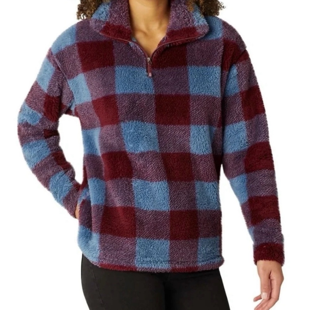 Eddie Bauer Plaid Fleece Pullover - Blue and Burgundy
